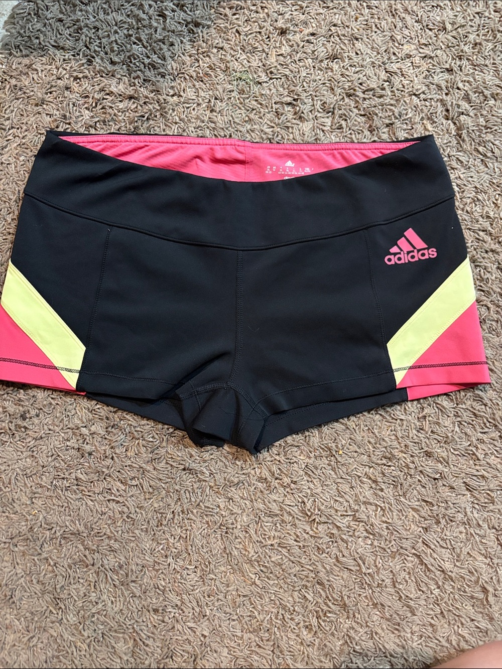 adidas Black Athletic Shorts with Pink Waistband and Neon Yellow Panels